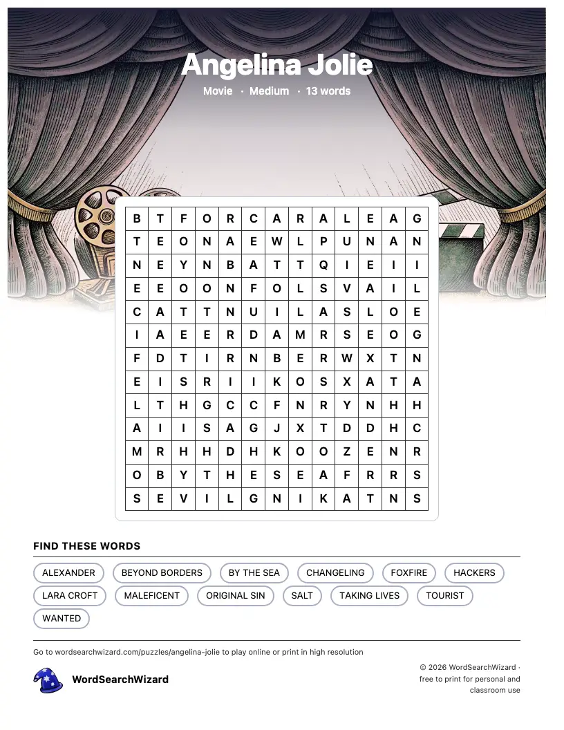 Angelina Jolie word search printable sheet, 13 words to find