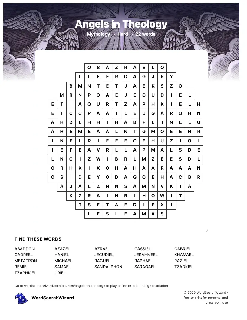 Angels in Theology word search printable sheet, 22 words to find