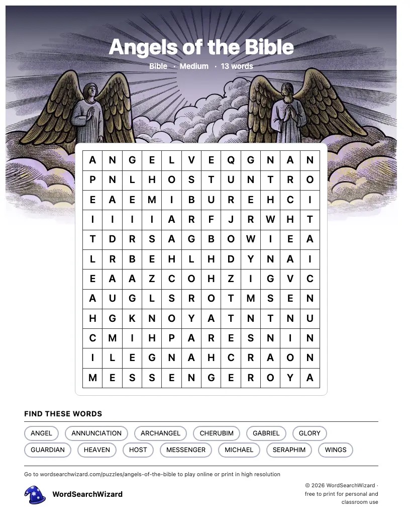 Angels of the Bible word search printable sheet, 13 words to find