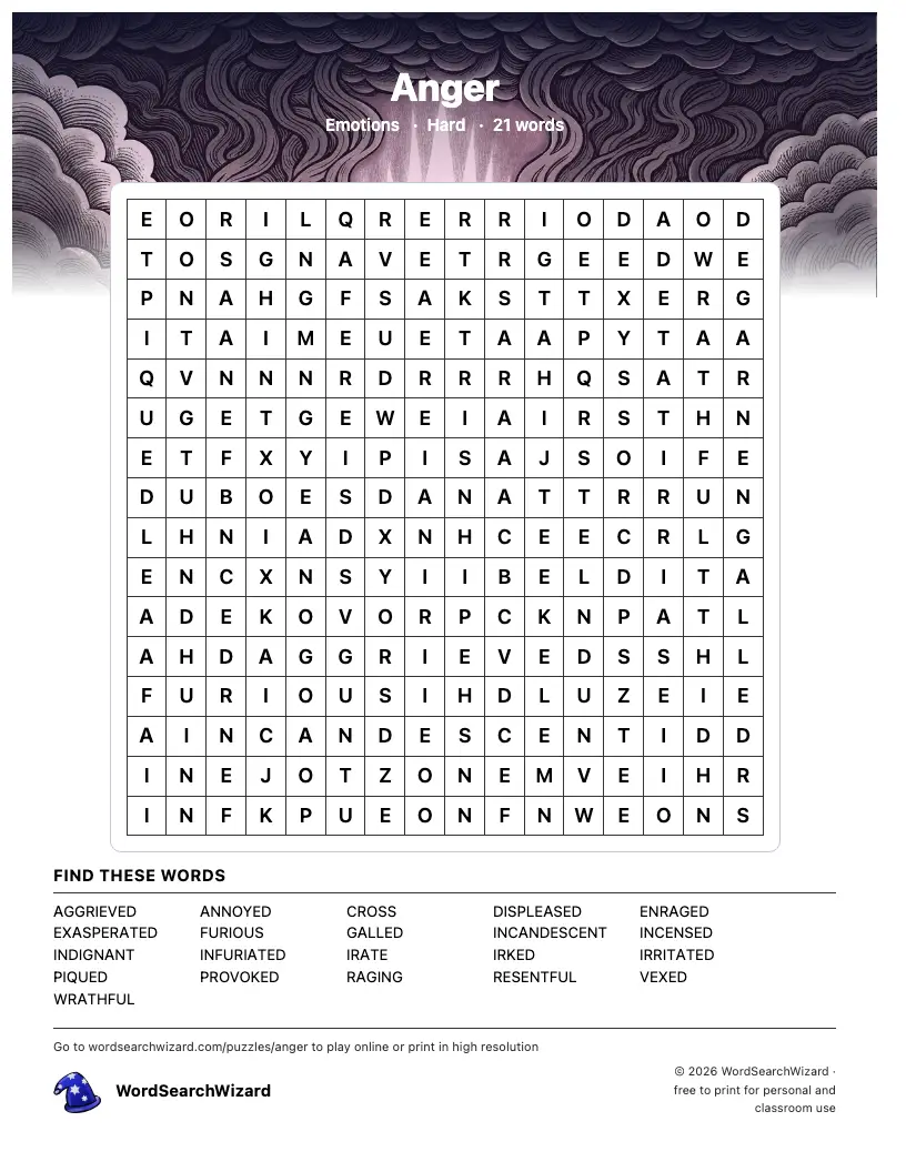 Anger word search printable sheet, 21 words to find