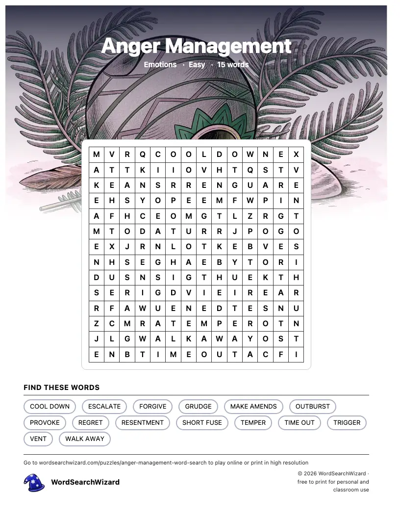 Anger Management word search printable sheet, 15 words to find