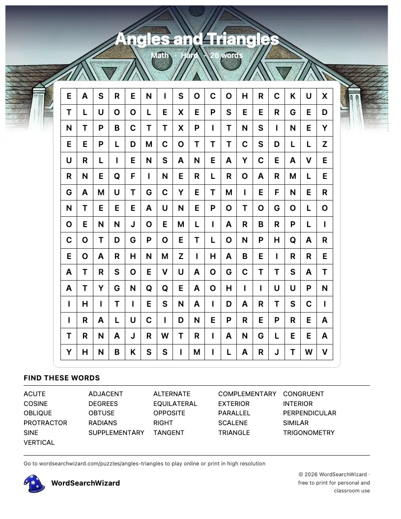 Angles and Triangles word search printable sheet, 26 words to find