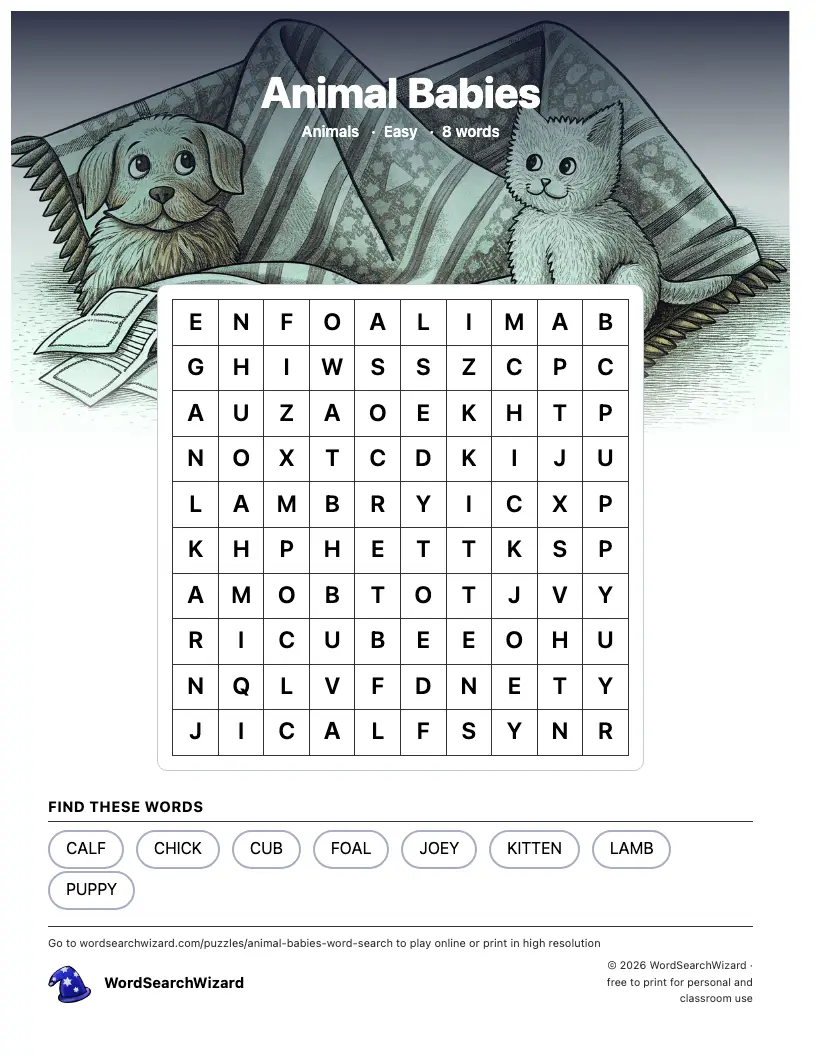 Animal Babies word search printable sheet, 8 words to find