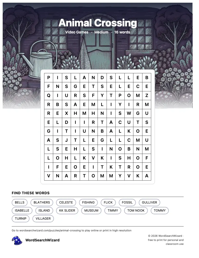 Animal Crossing word search printable sheet, 16 words to find