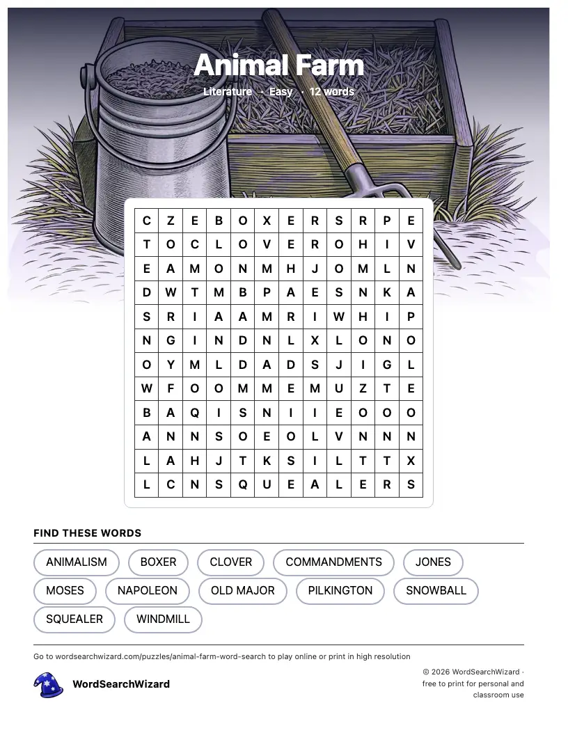 Animal Farm word search printable sheet, 12 words to find