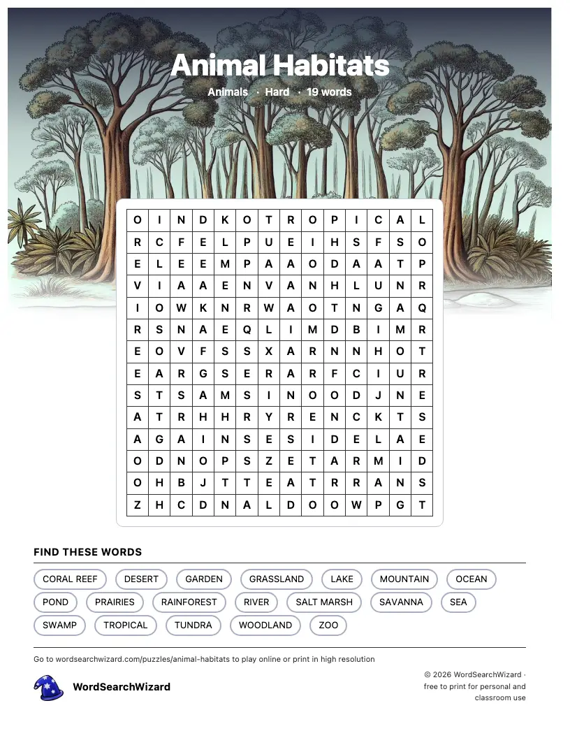 Animal Habitats word search printable sheet, 19 words to find