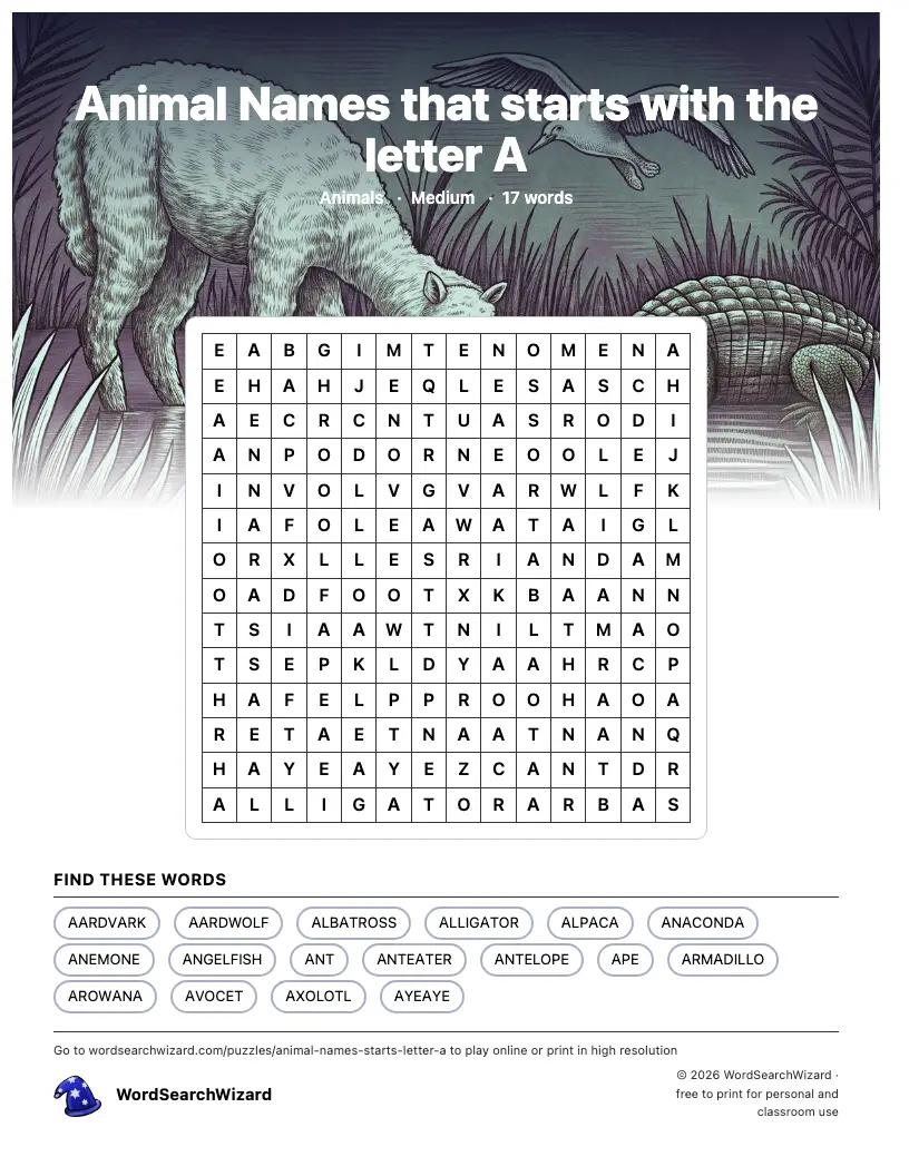 Animal Names that starts with the letter A word search printable sheet, 17 words to find