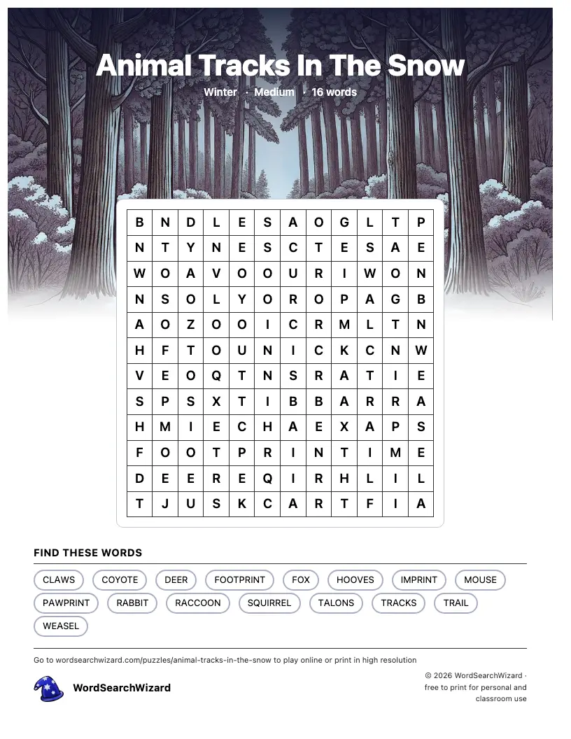 Animal Tracks In The Snow word search printable sheet, 16 words to find
