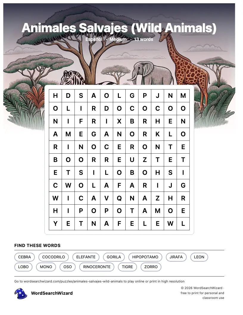 Animales Salvajes (Wild Animals) word search printable sheet, 13 words to find