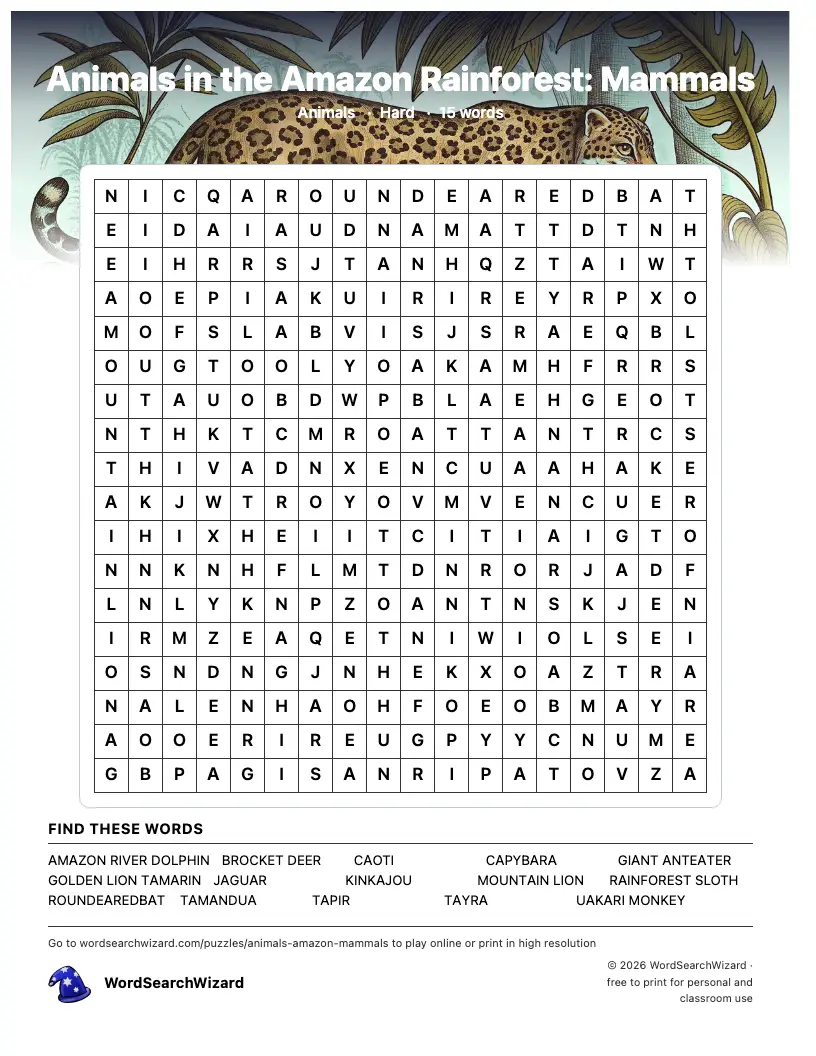 Animals in the Amazon Rainforest: Mammals word search printable sheet, 15 words to find