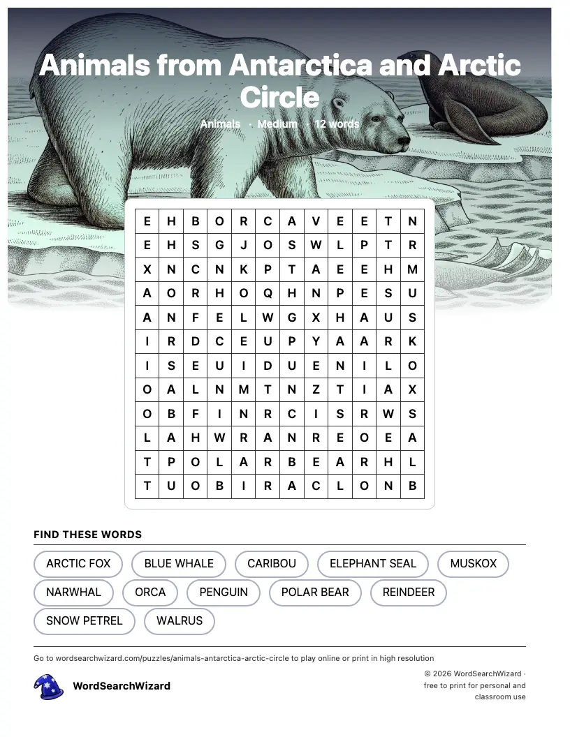 Animals from Antarctica and Arctic Circle word search printable sheet, 12 words to find