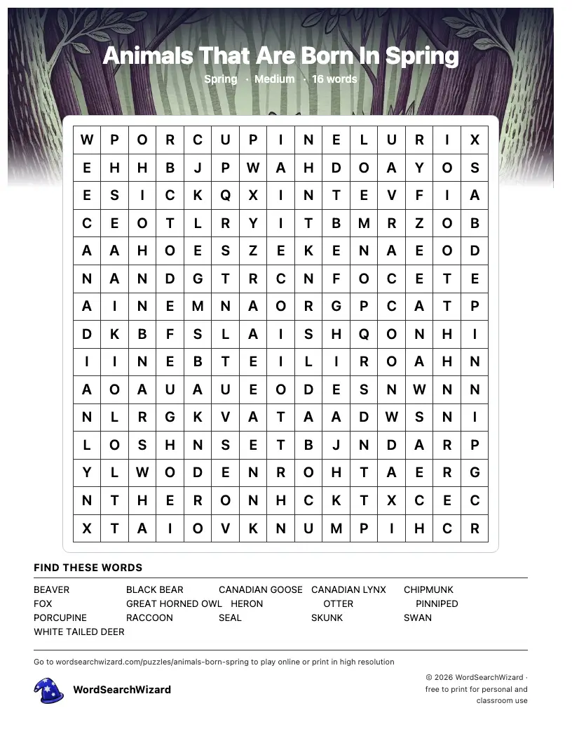 Animals That Are Born In Spring word search printable sheet, 16 words to find