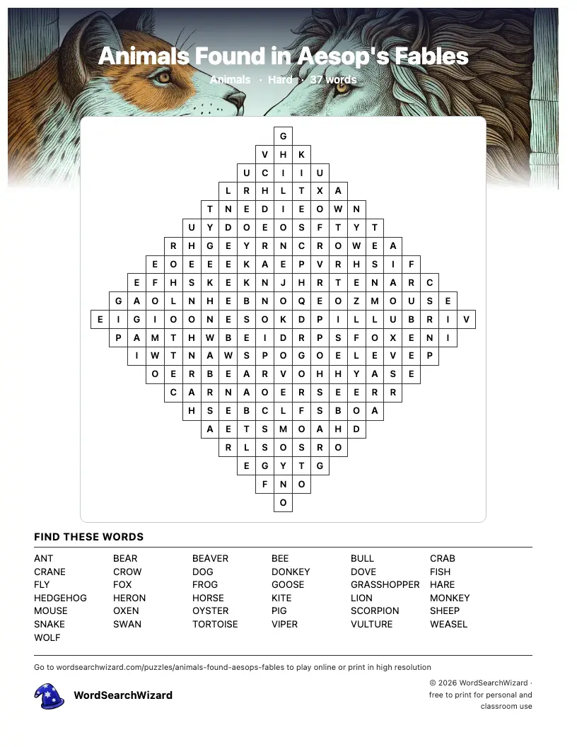 Animals Found in Aesop's Fables word search printable sheet, 37 words to find