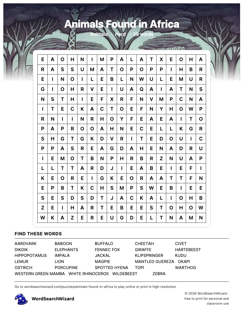 Animals Found in Africa word search printable sheet, 29 words to find