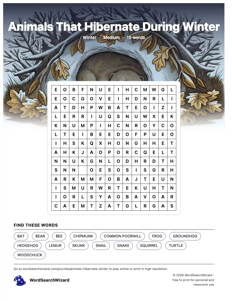 Animals That Hibernate During Winter word search printable sheet, 15 words to find