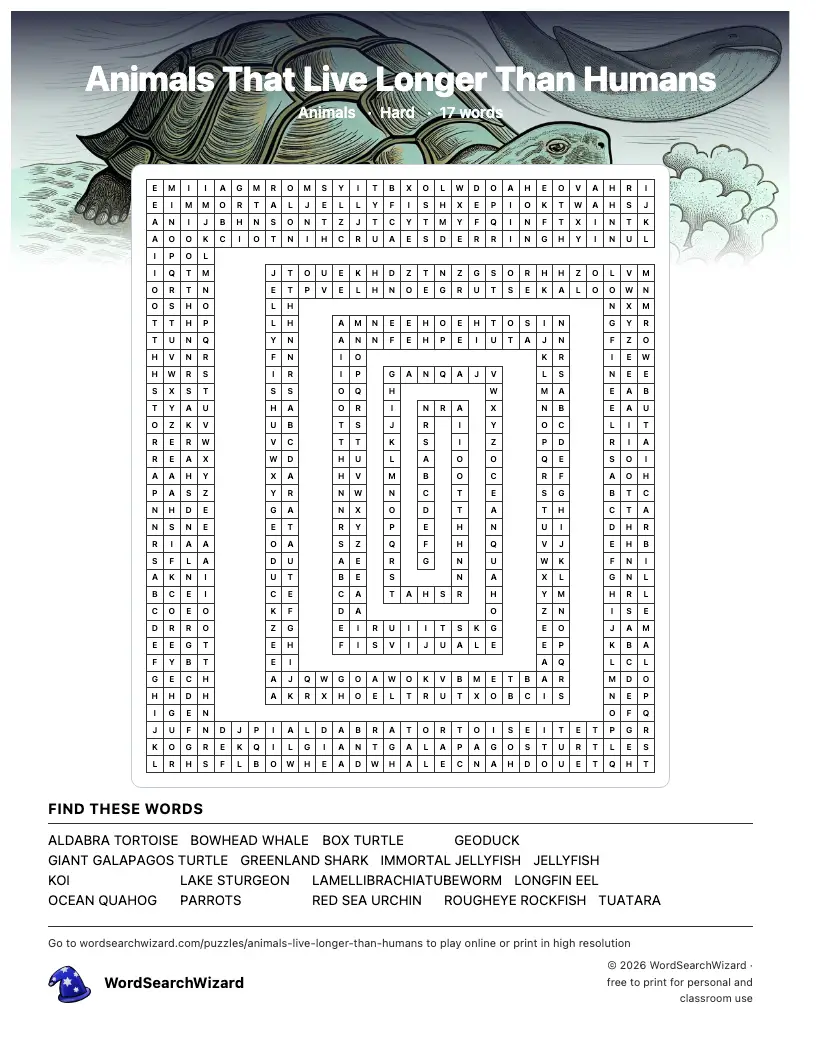 Animals That Live Longer Than Humans word search printable sheet, 17 words to find