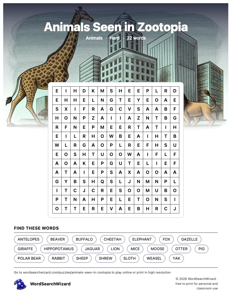 Animals Seen in Zootopia word search printable sheet, 22 words to find