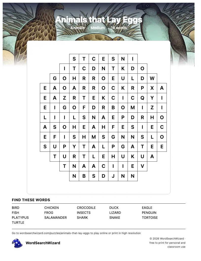 Animals that Lay Eggs word search printable sheet, 16 words to find