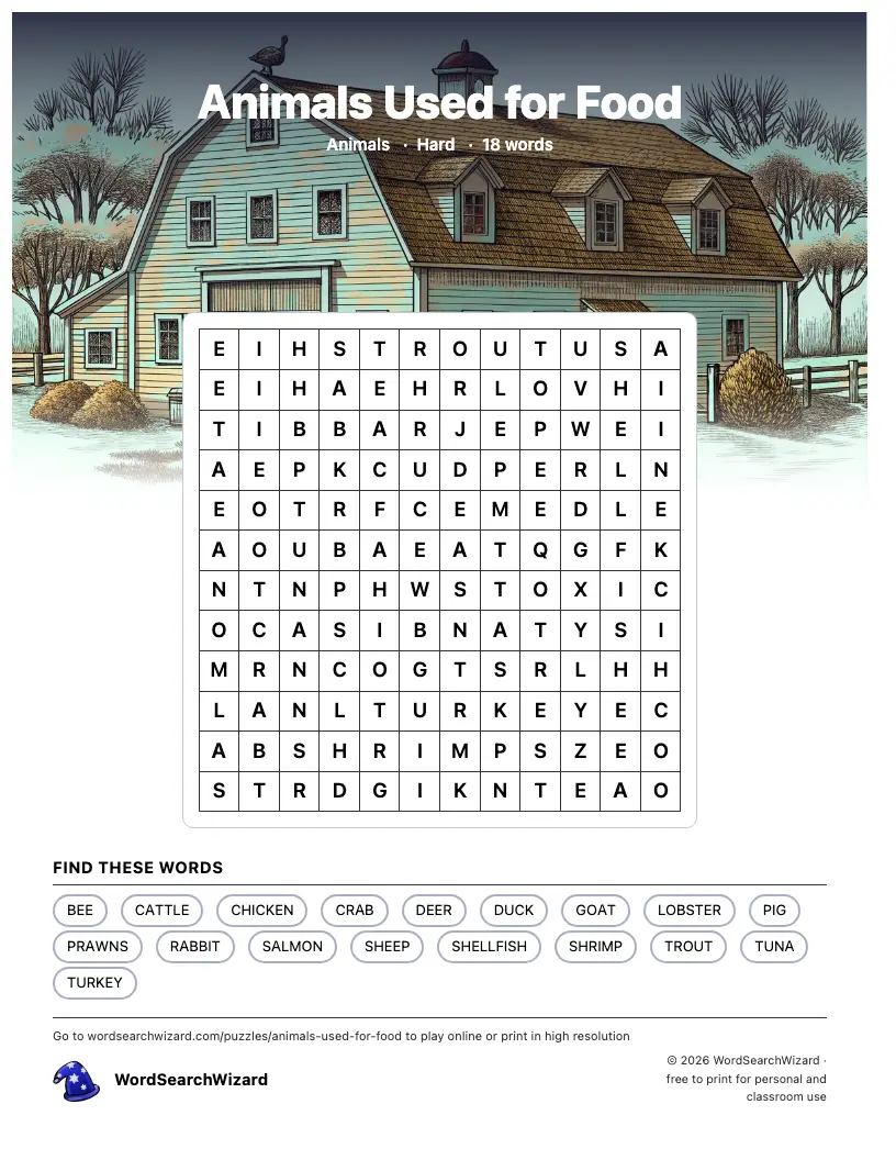 Animals Used for Food word search printable sheet, 18 words to find