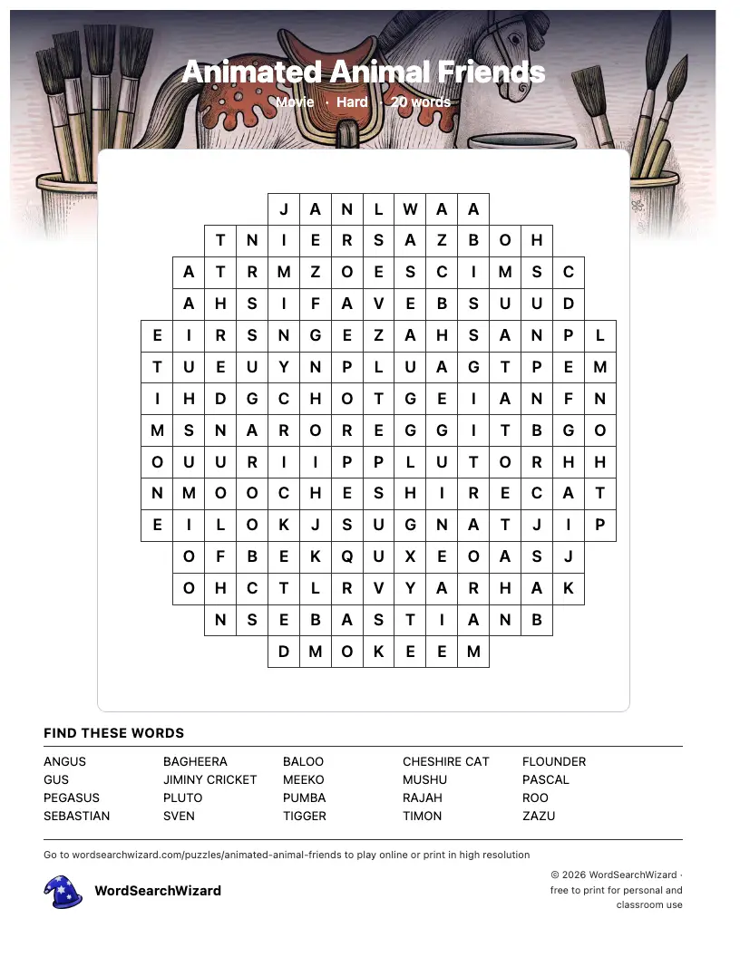 Animated Animal Friends word search printable sheet, 20 words to find