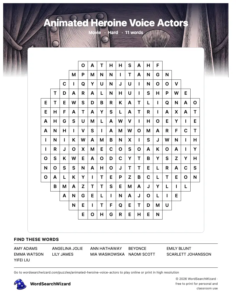Animated Heroine Voice Actors word search printable sheet, 11 words to find
