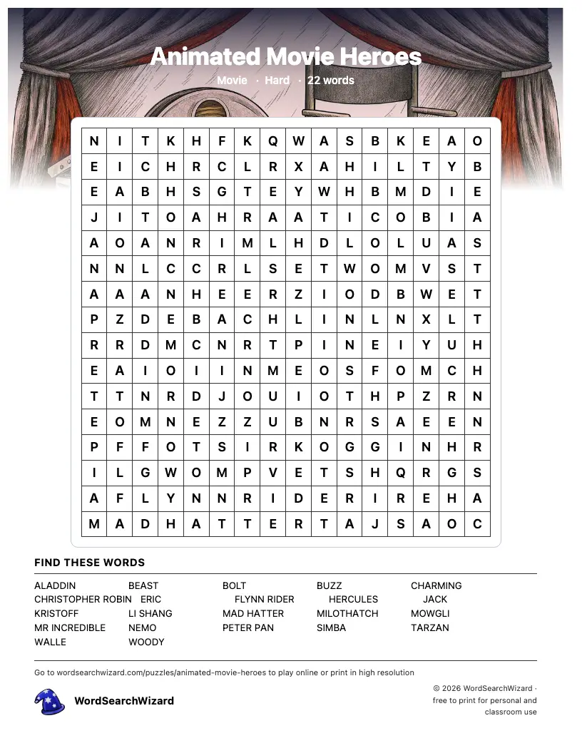 Animated Movie Heroes word search printable sheet, 22 words to find