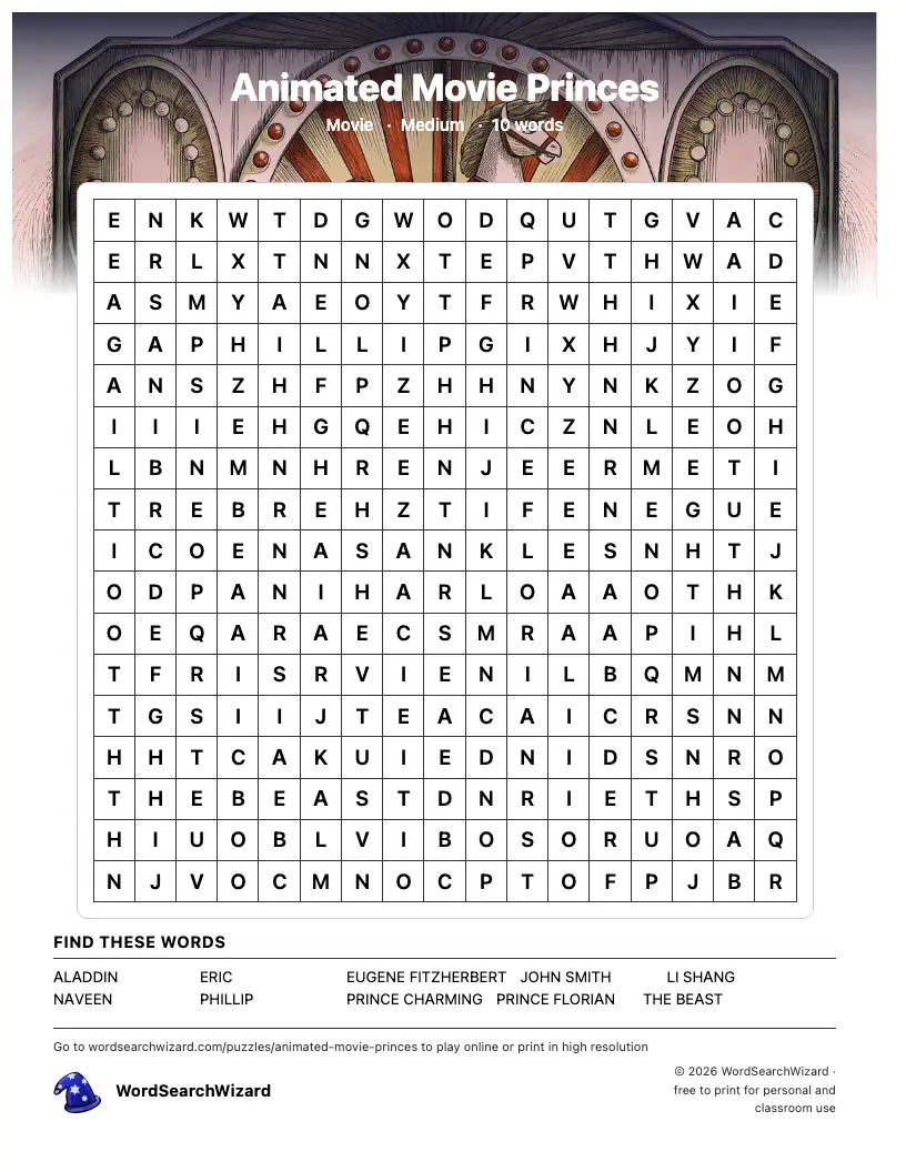 Animated Movie Princes word search printable sheet, 10 words to find