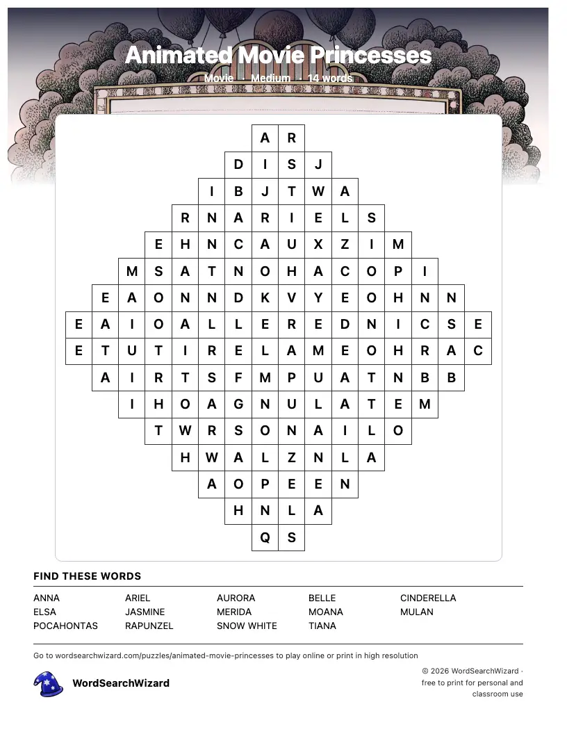 Animated Movie Princesses word search printable sheet, 14 words to find