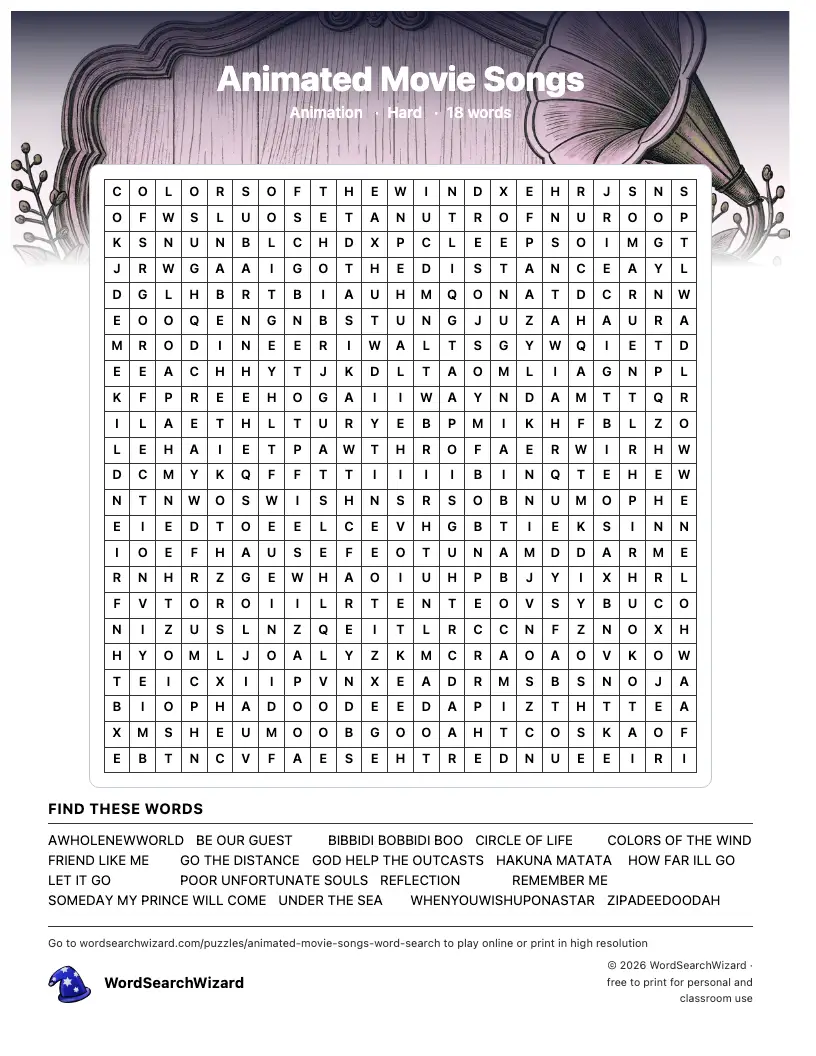 Animated Movie Songs word search printable sheet, 18 words to find