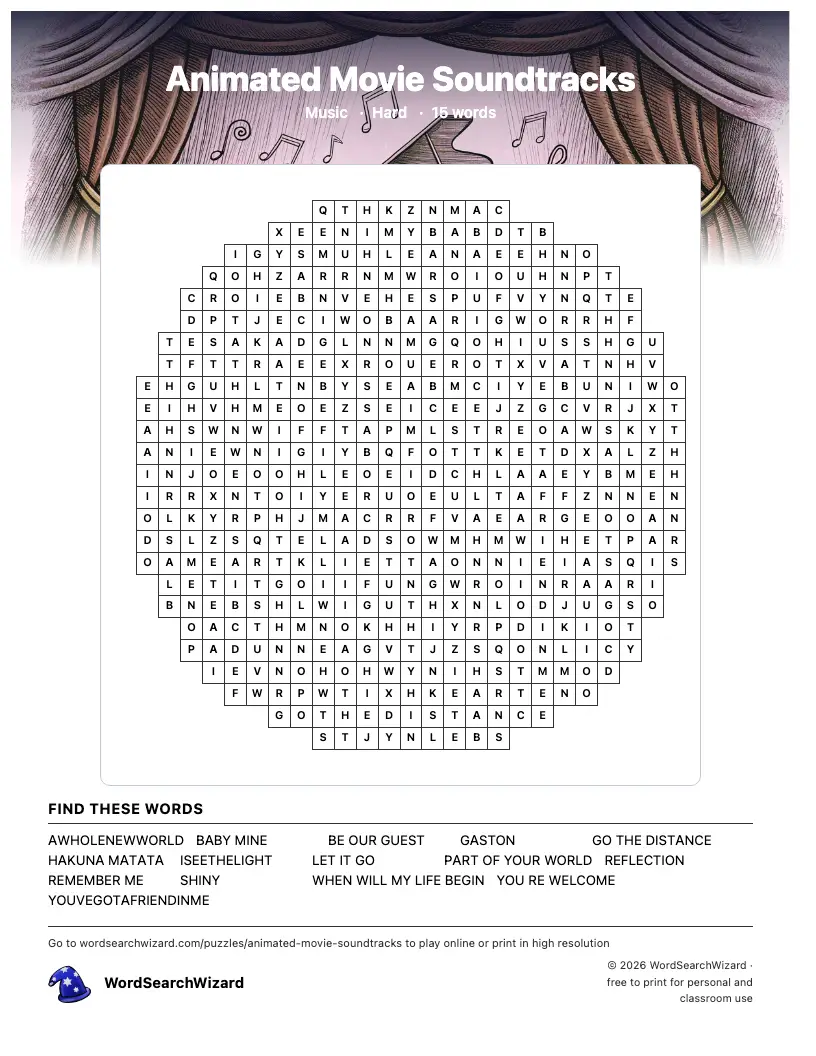 Animated Movie Soundtracks word search printable sheet, 15 words to find