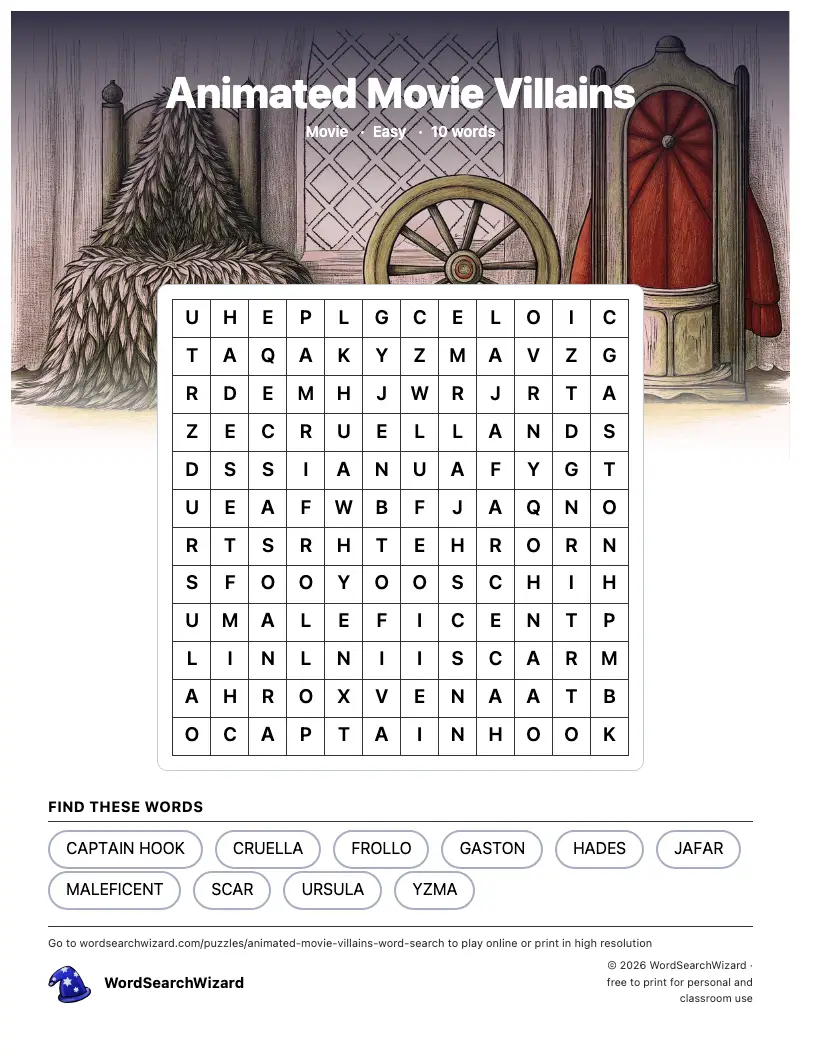 Animated Movie Villains word search printable sheet, 10 words to find
