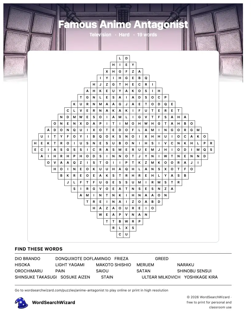 Famous Anime Antagonist word search printable sheet, 19 words to find