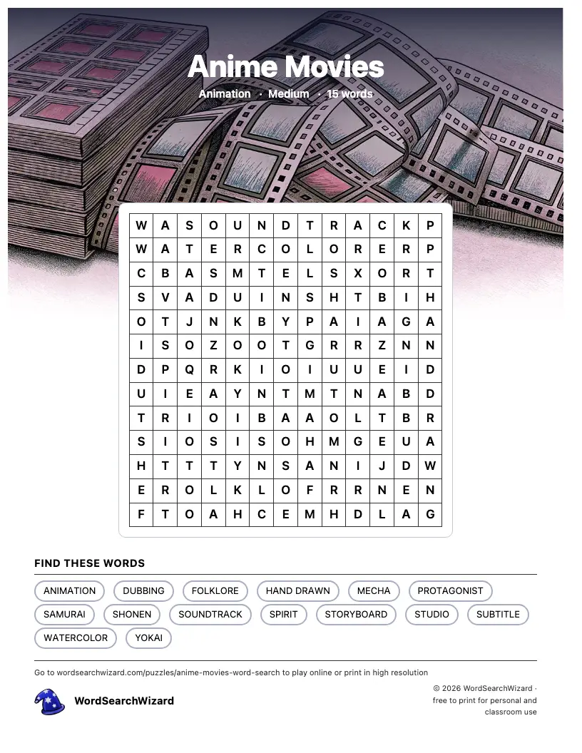 Anime Movies word search printable sheet, 15 words to find
