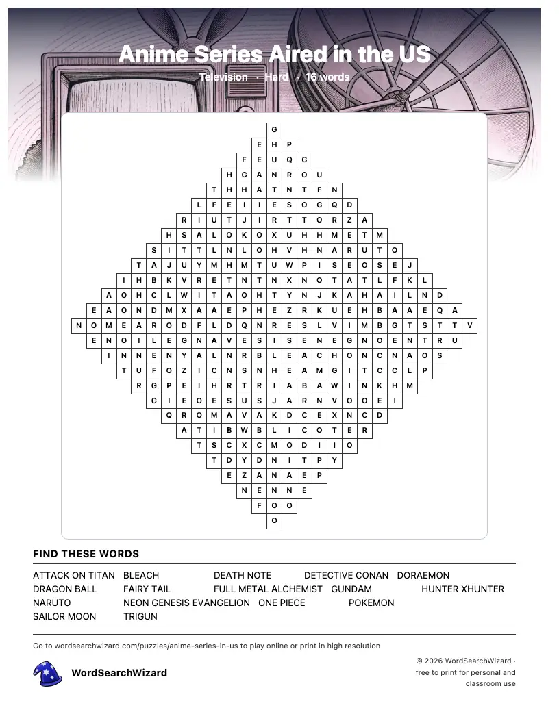 Anime Series Aired in the US word search printable sheet, 16 words to find