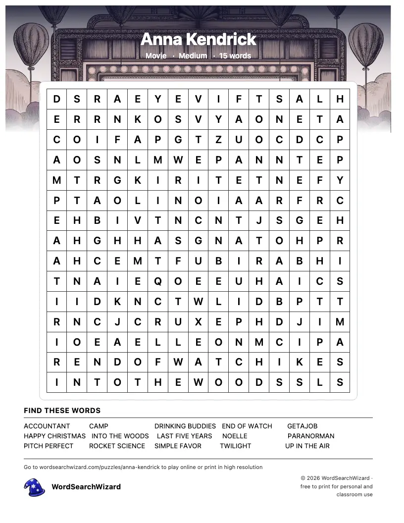 Anna Kendrick word search printable sheet, 15 words to find