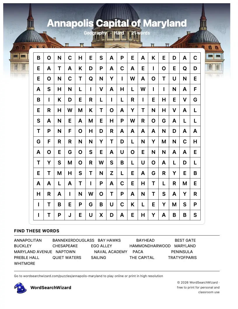Annapolis Capital of Maryland word search printable sheet, 21 words to find
