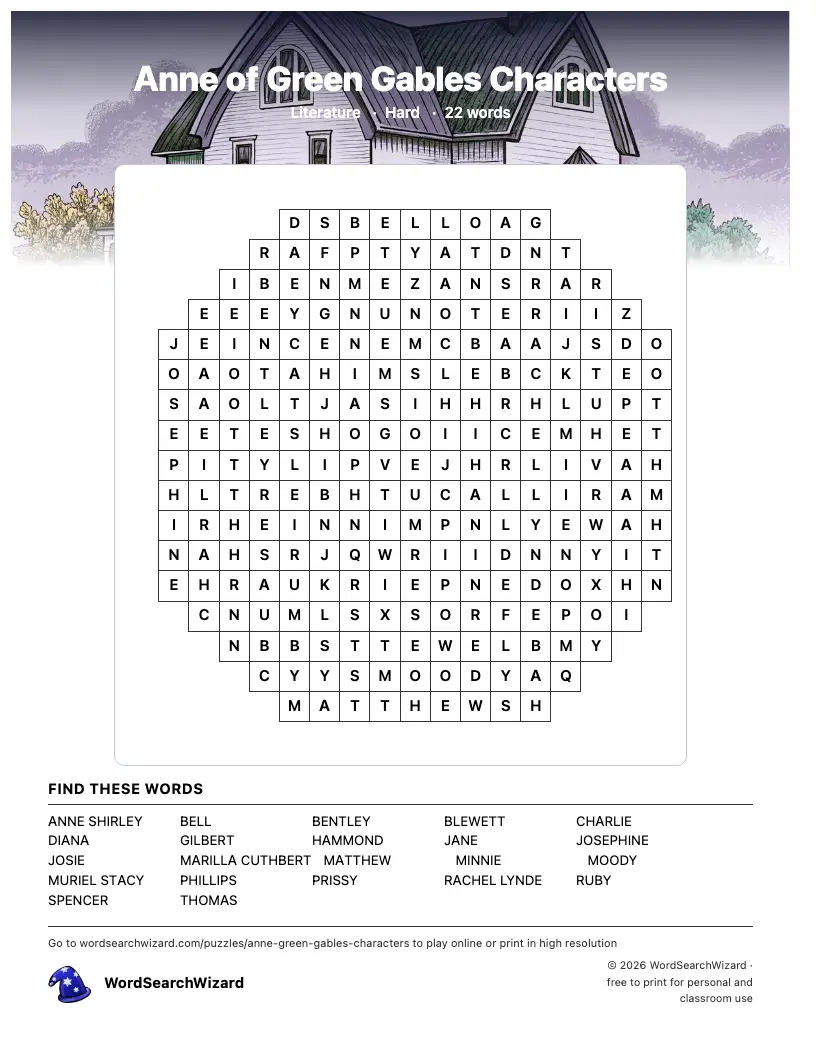 Anne of Green Gables Characters word search printable sheet, 22 words to find