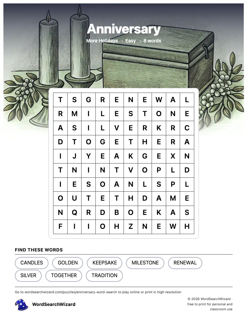 Anniversary word search printable sheet, 8 words to find