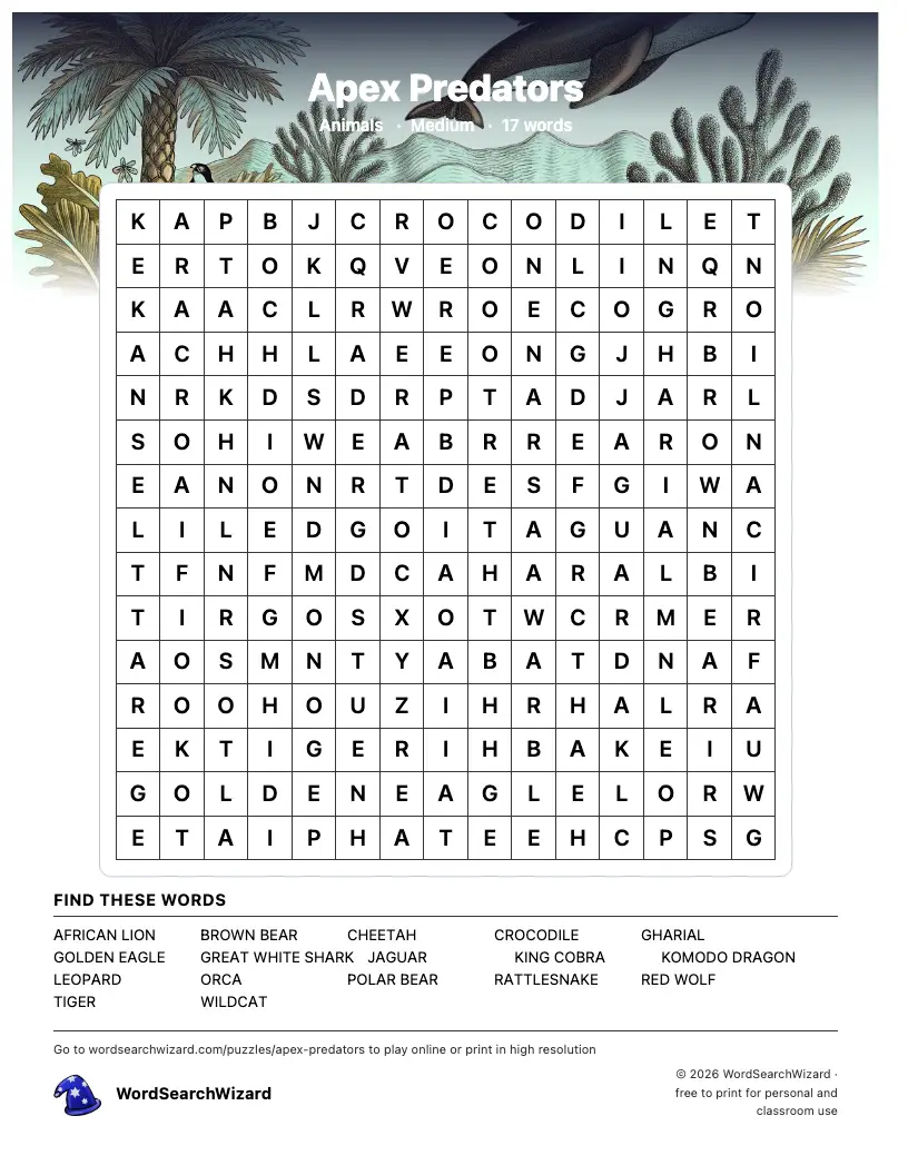 Apex Predators word search printable sheet, 17 words to find