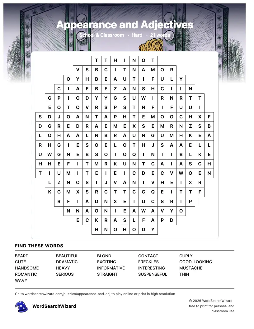 Appearance and Adjectives word search printable sheet, 21 words to find