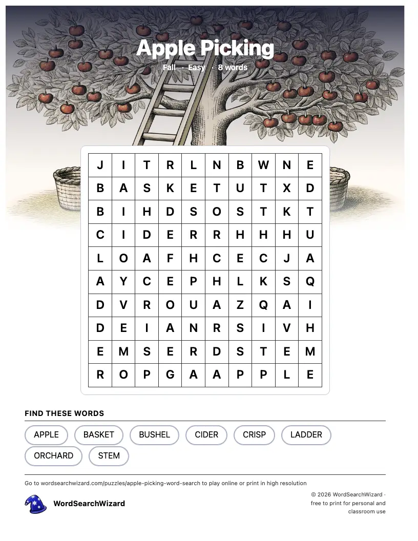 Apple Picking word search printable sheet, 8 words to find