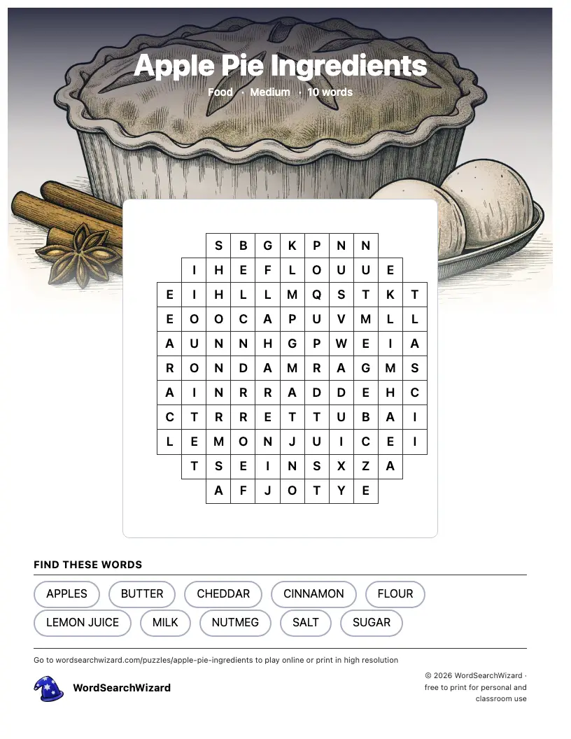 Apple Pie Ingredients word search printable sheet, 10 words to find