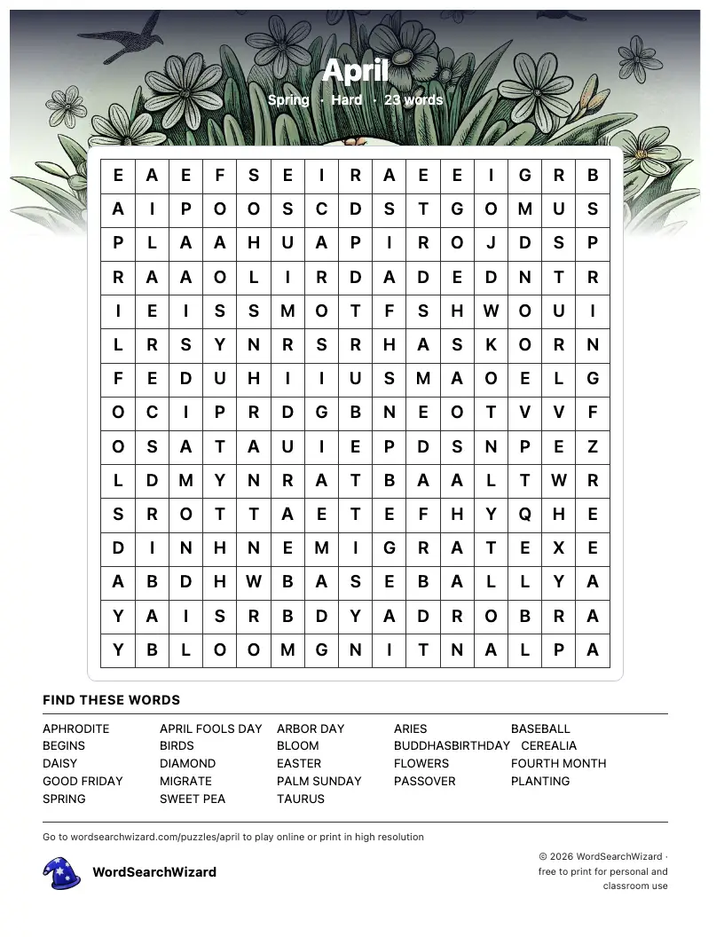 April word search printable sheet, 23 words to find