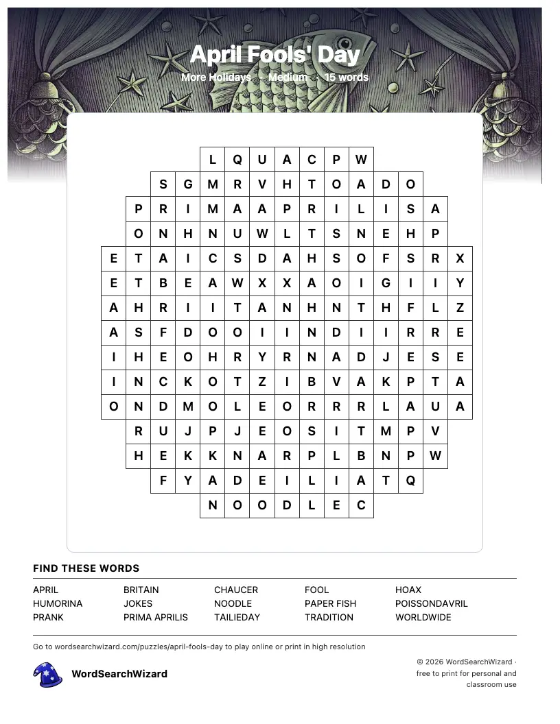 April Fools' Day word search printable sheet, 15 words to find