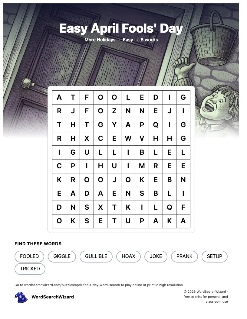 Easy April Fools' Day word search printable sheet, 8 words to find
