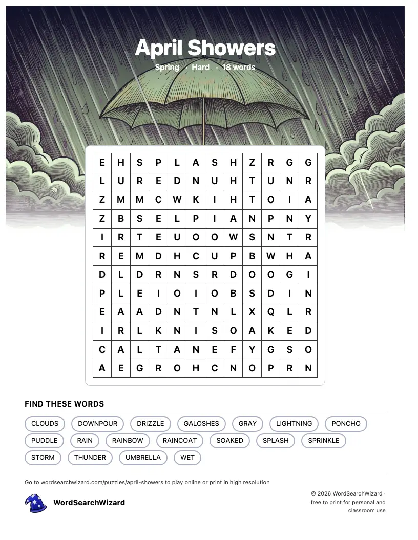 April Showers word search printable sheet, 18 words to find