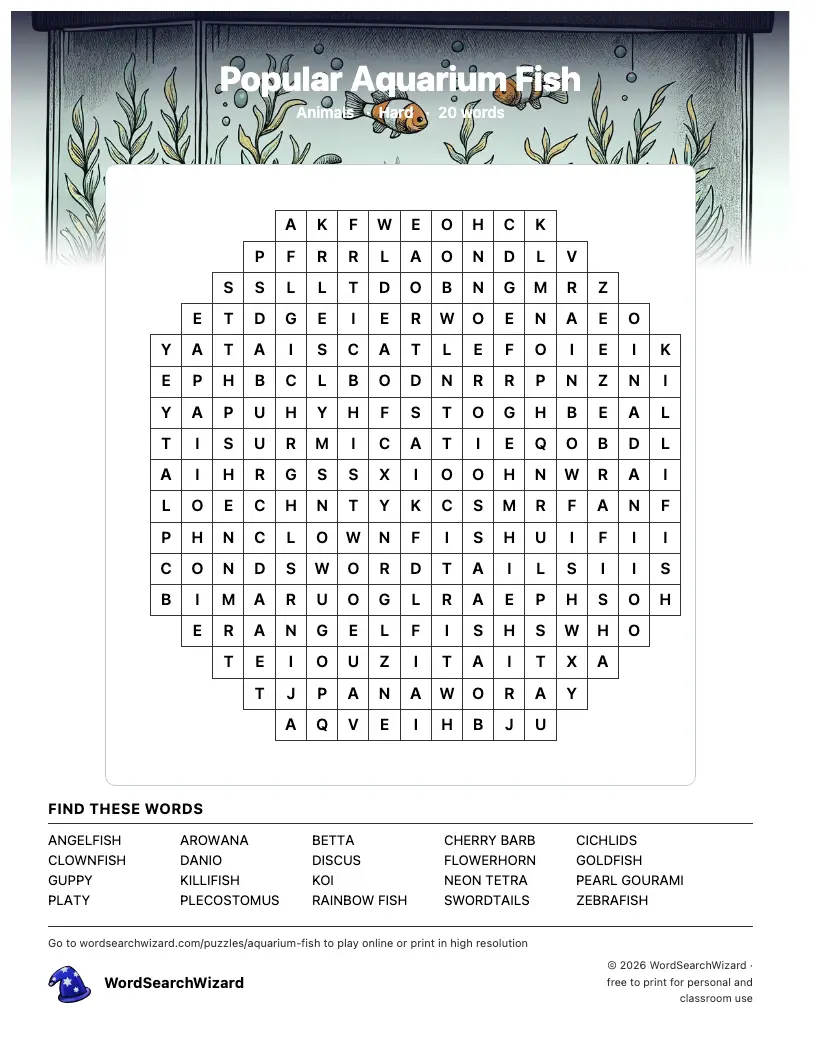 Popular Aquarium Fish word search printable sheet, 20 words to find