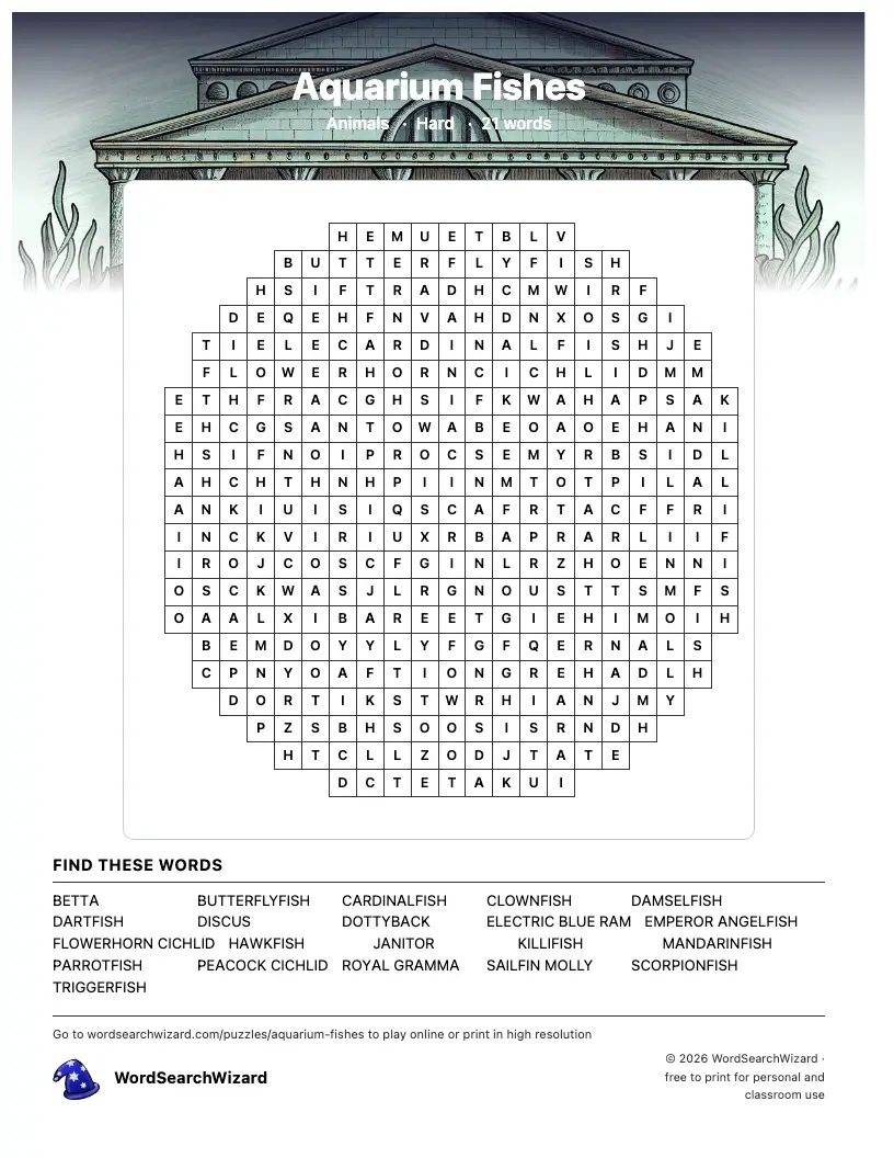 Aquarium Fishes word search printable sheet, 21 words to find