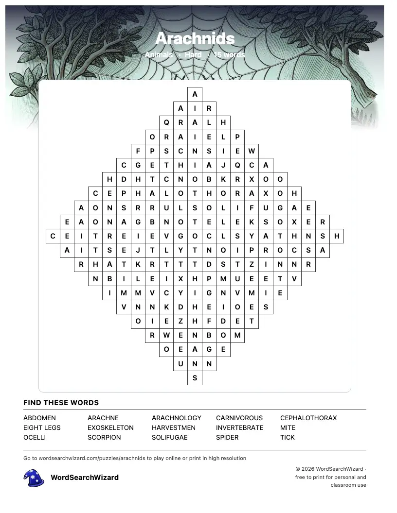 Arachnids word search printable sheet, 15 words to find