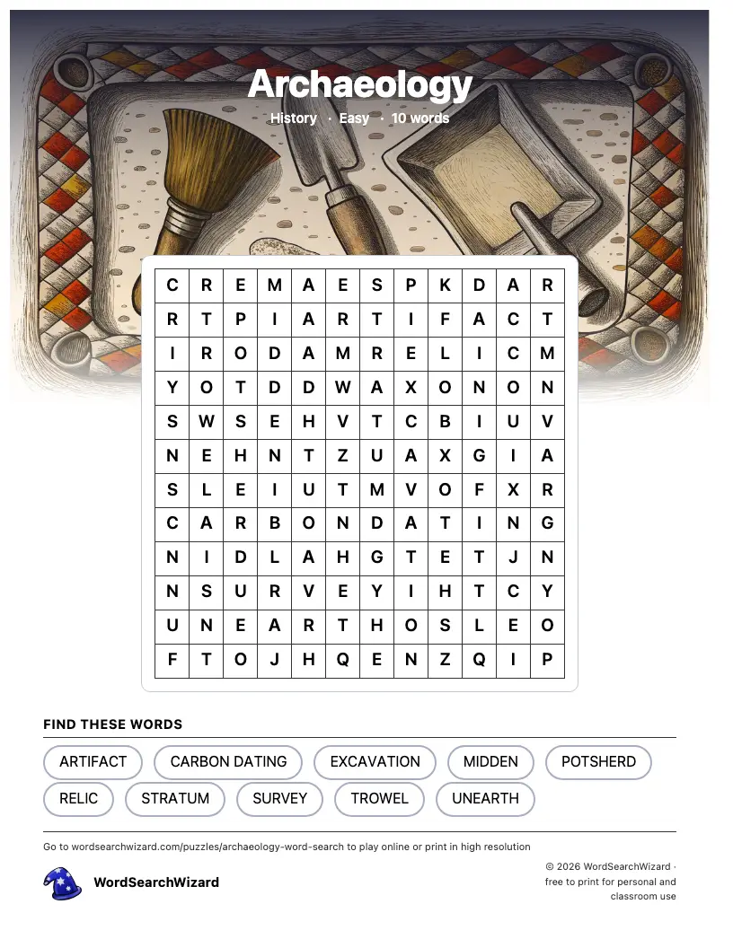 Archaeology word search printable sheet, 10 words to find